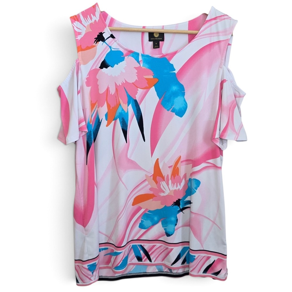 JM Collection Womens XL Cold Shoulder Top Pink Blue Tropical Floral Blouse